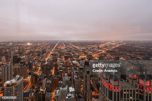 Skyline view of Chicago from the Chicago observation deck, on the 94th floor of the John Hancock Building, located at the Michigan Avenue, in...