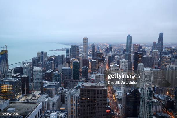 Skyline view of Chicago from the Chicago observation deck, on the 94th floor of the John Hancock Building, located at the Michigan Avenue, in...