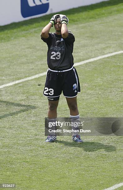 Boston Breakers goalie Karina LeBlanc shows dejection following their WUSA game versus the San Diego Spirit on July 6, 2002 at Torero Stadium in San...