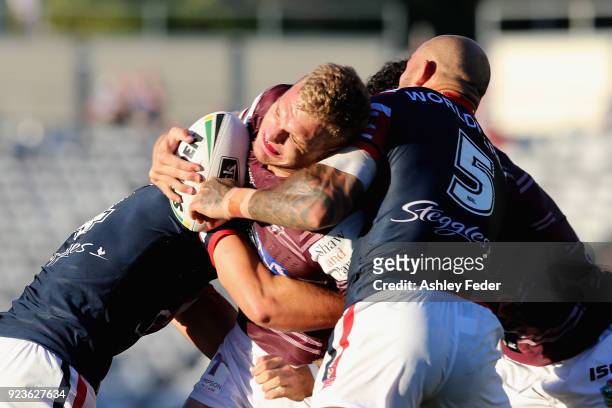 Tom Trbojevic of the Sea Eagles in action during the NRL Trial match between the Manly Sea Eagles and the Sydney Roosters at Central Coast Stadium on...