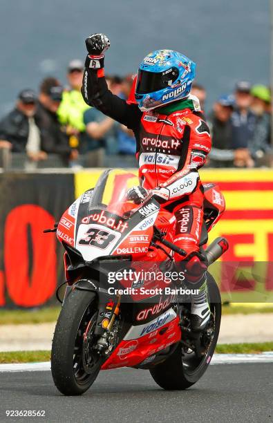 Marco Melandri of Italy and Aruba.it Racing - Ducati celebrates after winning race 1 in the FIM Superbike World Championship during the 2018...