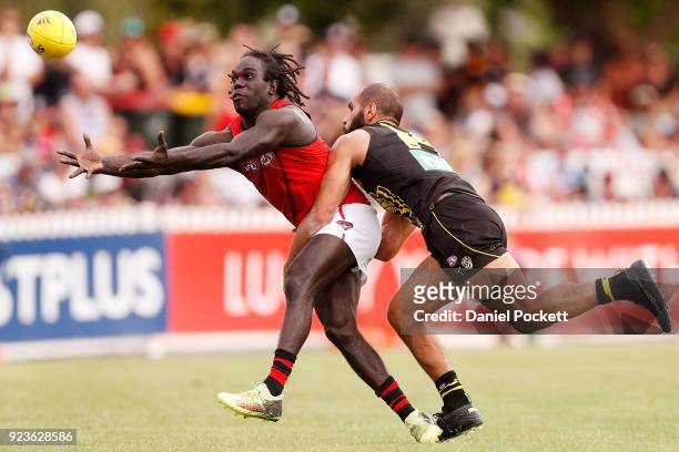 Anthony McDonald-Tipungwuti of the Bombers and Bachar Houli of the Tigers contest the ball during the JLT Community Series AFL match between the...