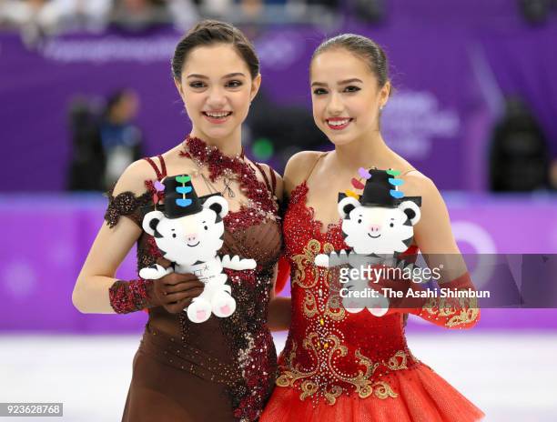 Silver medalist Evgenia Medvedeva of Olympic Athlete from Russia, gold medalist Alina Zagitova of Olympic Athlete from Russia celebrate at the...