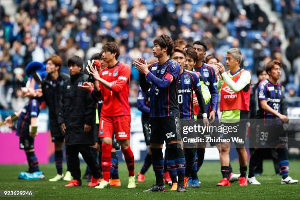 Players of Gamba Osaka thank to the crowd after the J.League J1 match between Gamba Osaka and Nagoya Grampus at Suita City Football Stadium on...