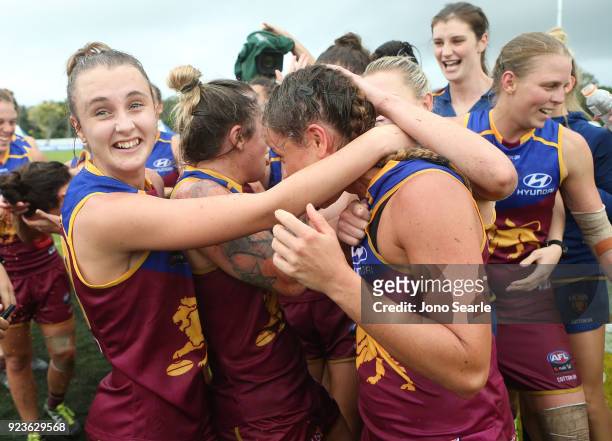 Brisbane player Gabby Collingwood celebrates with team mates after the winduring the round four AFLW match between the Brisbane Lions and the...