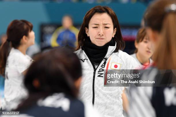 Satsuki Fujisawa of Japan reacts in the 3rd end during the Curling Women's Semi Final match between South Korea and Japan on day fourteen of the...