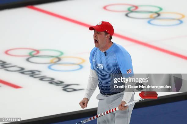 John Shuster of the United States reacts during the game against Sweden during the Curling Men's Gold Medal game on day fifteen of the PyeongChang...