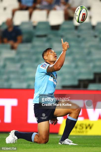 Israel Folau of the Waratahs celebrates after scoring a try during the round two Super Rugby match between the Waratahs and the Stormers at Allianz...