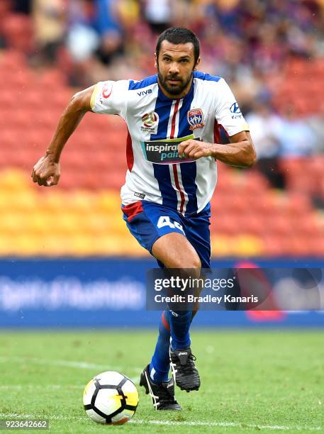 Nikolai Topor-Stanley of the Jets in action during the round 21 A-League match between the Brisbane Roar and the Newcastle Jets at Suncorp Stadium on...