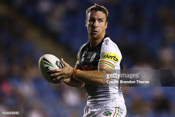 James Maloney of the Panthers passes the ball to a team mate during the NRL trial match between the Penrith Panthers ands the Canterbury Bulldogs at...