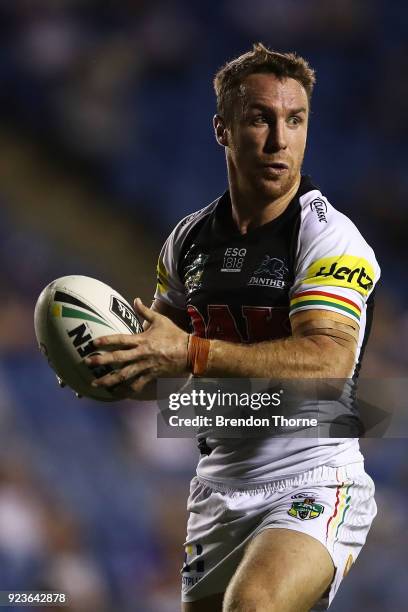 James Maloney of the Panthers passes the ball to a team mate during the NRL trial match between the Penrith Panthers ands the Canterbury Bulldogs at...