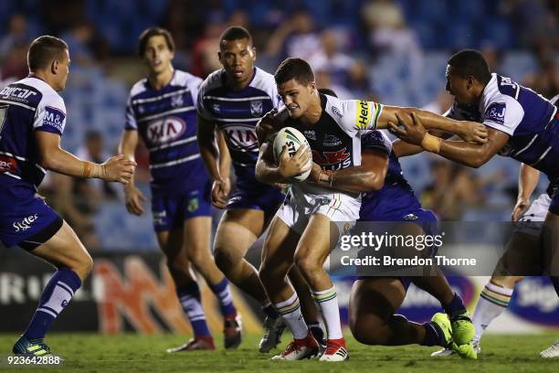 Nathan Cleary of the Panthers runs the ball during the NRL trial match between the Penrith Panthers ands the Canterbury Bulldogs at Belmore Sports...