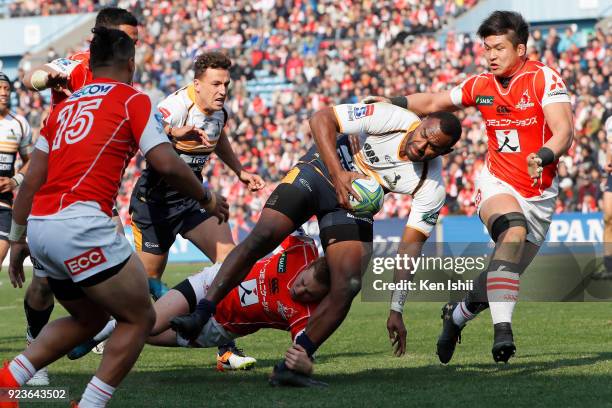 Tevita Kuridrani of the Brumbies is tackled during the Super Rugby round 2 match between Sunwolves and Brumbies at the Prince Chichibu Memorial...