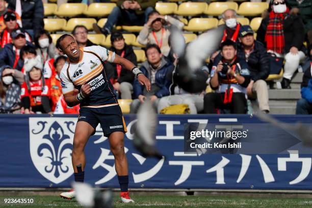 Christian Lealiifano of the Brumbies watches the ball after kicking the conversion during the Super Rugby round 2 match between Sunwolves and...