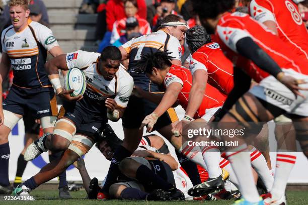 Isi Naisarani of the Brumbies attempts to break during the Super Rugby round 2 match between Sunwolves and Brumbies at the Prince Chichibu Memorial...