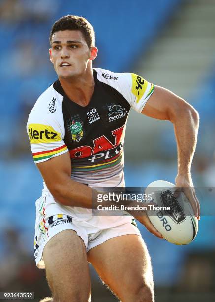 Nathan Cleary of the Panthers passes the ball to a team mate during the NRL trial match between the Penrith Panthers ands the Canterbury Bulldogs at...