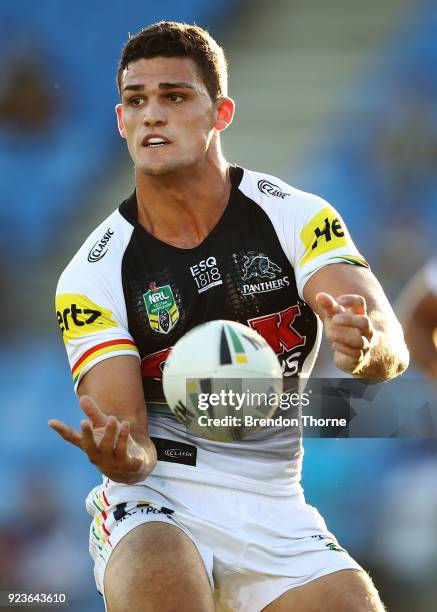 Nathan Cleary of the Panthers passes the ball to a team mate during the NRL trial match between the Penrith Panthers ands the Canterbury Bulldogs at...