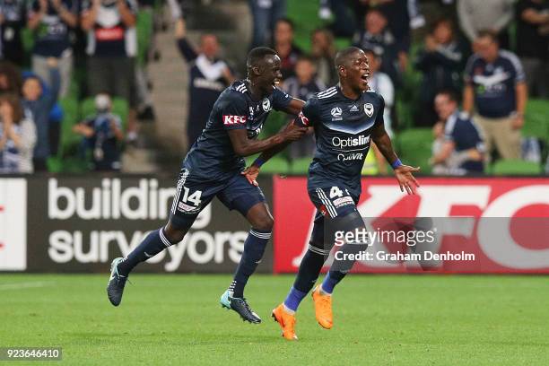 Leroy George of the Victory celebrates his goal during the round 21 A-League match between the Melbourne Victory and Adelaide United at AAMI Park on...