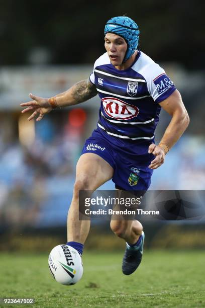 Josh Cleeland of the Bulldogs kicks during the NRL trial match between the Penrith Panthers ands the Canterbury Bulldogs at Belmore Sports Ground on...