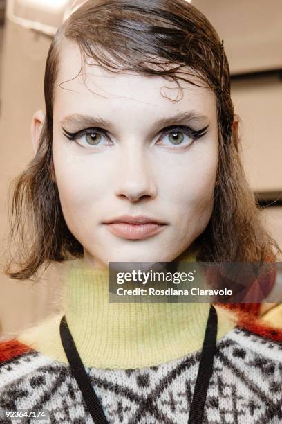 Model Giedre Dukauskaite is seen backstage ahead of the N.21 show during Milan Fashion Week Fall/Winter 2018/19 on February 21, 2018 in Milan, Italy.