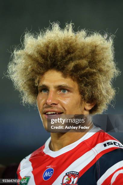 Eloni Vunakece of the Roosters looks on during the NRL Trial match between the Manly Sea Eagles and the Sydney Roosters at Central Coast Stadium on...