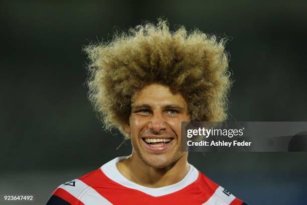 Eloni Vunakece of the Roosters looks on during the NRL Trial match between the Manly Sea Eagles and the Sydney Roosters at Central Coast Stadium on...