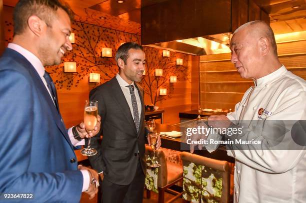 Kamal Hotchandani, Jean Franois Sberro, chef Nobu Matsuhisa attend HUBLOT Dinner Honoring Chef Nobu Matsuhisa at Nobu on February 23, 2018 in Miami...