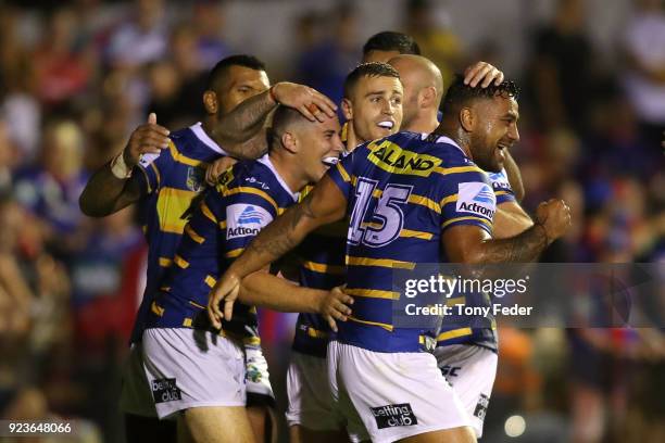 Eels players celebrate a try during the NRL Trial Match between the Newcastle Knights and the Parramatta Eels at Maitland No 1 Showground on February...