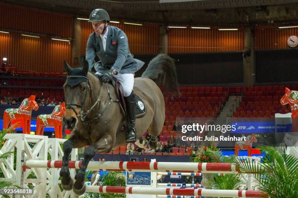 Dutch equestrian Jur Vrieling on Zypern III rides in the ATG Race Against the Clock competition during the Gothenburg Horse Show in Scandinavium...