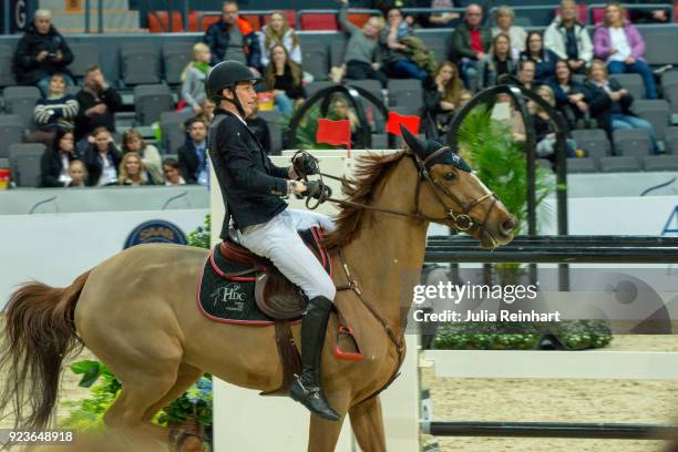 French equestrian Kevin Staut on Vendome d'Anchat HDC rides in the ATG Race Against the Clock competition during the Gothenburg Horse Show in...