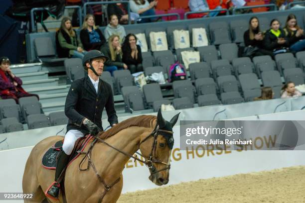 French equestrian Kevin Staut on Vendome d'Anchat HDC rides in the ATG Race Against the Clock competition during the Gothenburg Horse Show in...