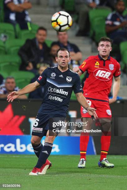 Leigh Broxham of the Victory passes during the round 21 A-League match between the Melbourne Victory and Adelaide United at AAMI Park on February 24,...