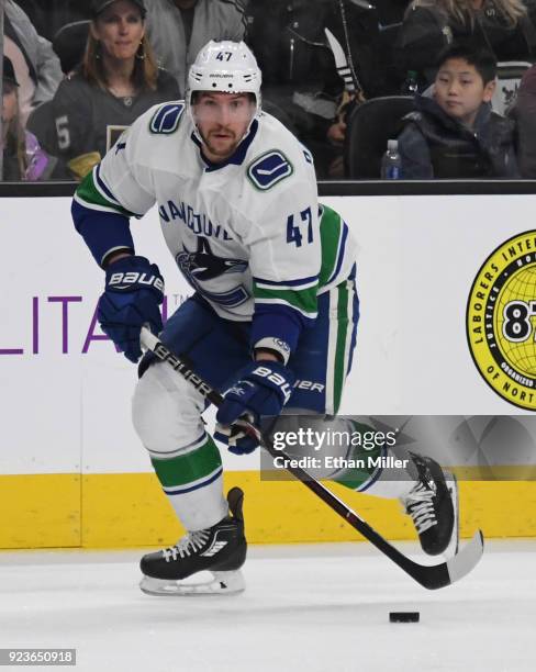 Sven Baertschi of the Vancouver Canucks skates with the puck against the Vegas Golden Knights in the first period of their game at T-Mobile Arena on...