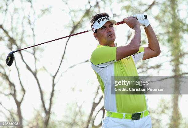 Daniel Chopra of Sweden hits a tee shot on the ninth hole during the second round of the Frys.com Open at Grayhawk Golf Club on October 23, 2009 in...