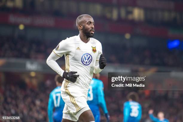 Ronald Mukiibi of Ostersunds FK during UEFA Europa League Round of 32 match between Arsenal and Ostersunds FK at the Emirates Stadium on February 22,...