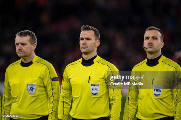 Official referees Martin Balko , Ivan Kruliak , Branislav Hancko during UEFA Europa League Round of 32 match between Arsenal and Ostersunds FK at the...