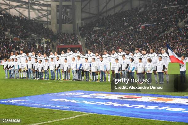 Team of France during the anthem during the NatWest Six Nations match between France and Italy at Stade Velodrome on February 23, 2018 in Marseille,...