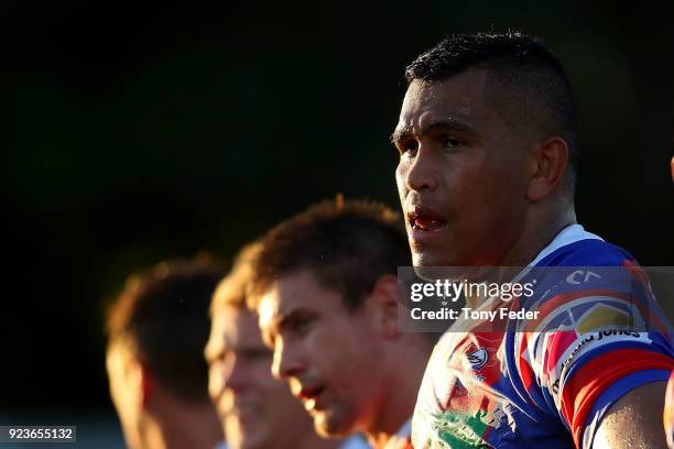 Daniel Saifiti of the Knights takes a breather during the NRL Trial Match between the Newcastle Knights and the Parramatta Eels at Maitland No 1...