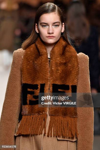 Model walks the runway at the Fendi Ready to Wear Fall/Winter 2018-2019 fashion show during Milan Fashion Week Fall/Winter 2018/19 on February 22,...