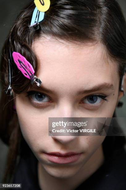 Model backstage at the Emilio Pucci Ready to Wear Fall/Winter 2018-2019 fashion show during Milan Fashion Week Fall/Winter 2018/19 on February 22,...