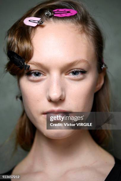 Model backstage at the Emilio Pucci Ready to Wear Fall/Winter 2018-2019 fashion show during Milan Fashion Week Fall/Winter 2018/19 on February 22,...