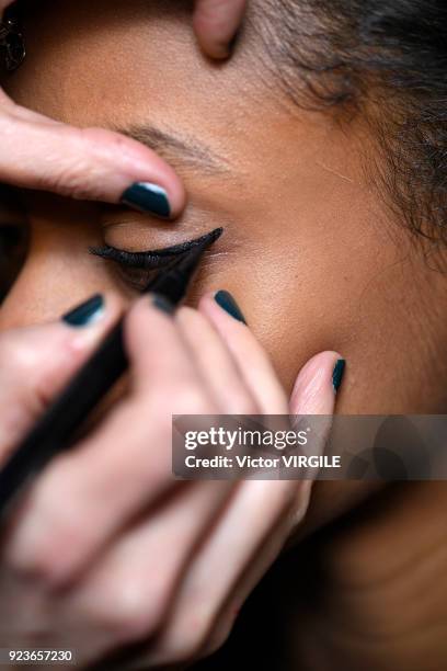 Model backstage at the Emilio Pucci Ready to Wear Fall/Winter 2018-2019 fashion show during Milan Fashion Week Fall/Winter 2018/19 on February 22,...