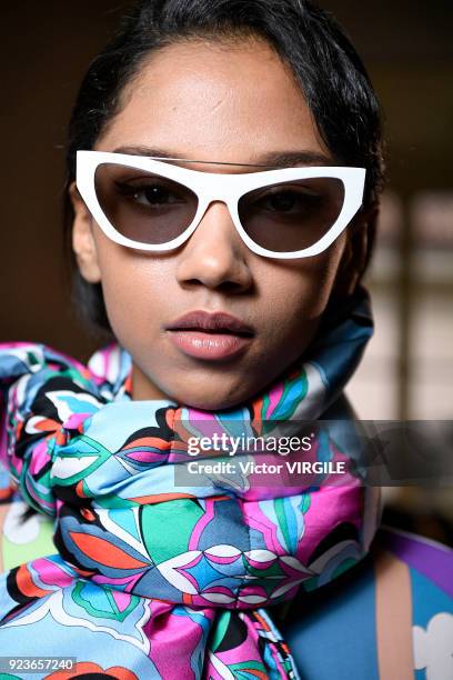 Model backstage at the Emilio Pucci Ready to Wear Fall/Winter 2018-2019 fashion show during Milan Fashion Week Fall/Winter 2018/19 on February 22,...