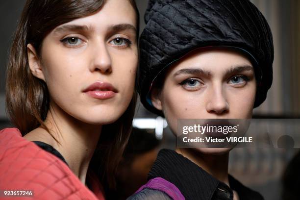 Model backstage at the Emilio Pucci Ready to Wear Fall/Winter 2018-2019 fashion show during Milan Fashion Week Fall/Winter 2018/19 on February 22,...