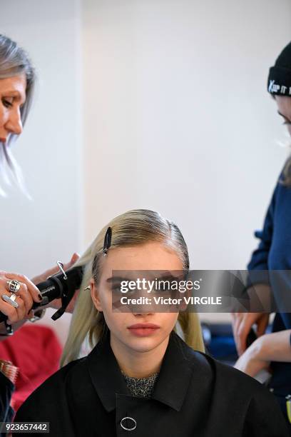 Model backstage at the Fendi Ready to Wear Fall/Winter 2018-2019 fashion show during Milan Fashion Week Fall/Winter 2018/19 on February 22, 2018 in...