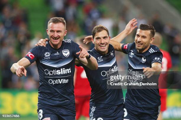 Besart Berisha of the Victory celebrates his goal during the round 21 A-League match between the Melbourne Victory and Adelaide United at AAMI Park...