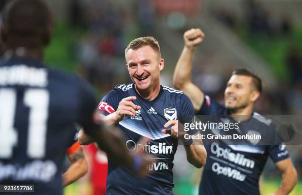 Besart Berisha of the Victory celebrates his goal during the round 21 A-League match between the Melbourne Victory and Adelaide United at AAMI Park...