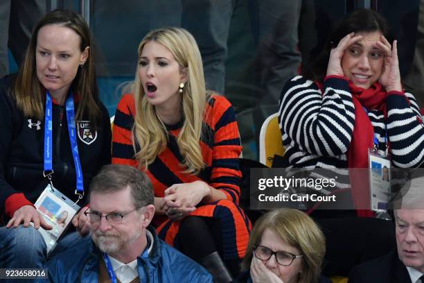 Ivanka Trump cheers while sat between former Olympic US bobsledders Shauna Rohbock and Valerie Fleming as the United States beat Sweden in their...