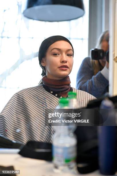 Gigi Hadid backstage at the Fendi Ready to Wear Fall/Winter 2018-2019 fashion show during Milan Fashion Week Fall/Winter 2018/19 on February 22, 2018...