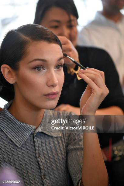 Bella Hadid backstage at the Fendi Ready to Wear Fall/Winter 2018-2019 fashion show during Milan Fashion Week Fall/Winter 2018/19 on February 22,...